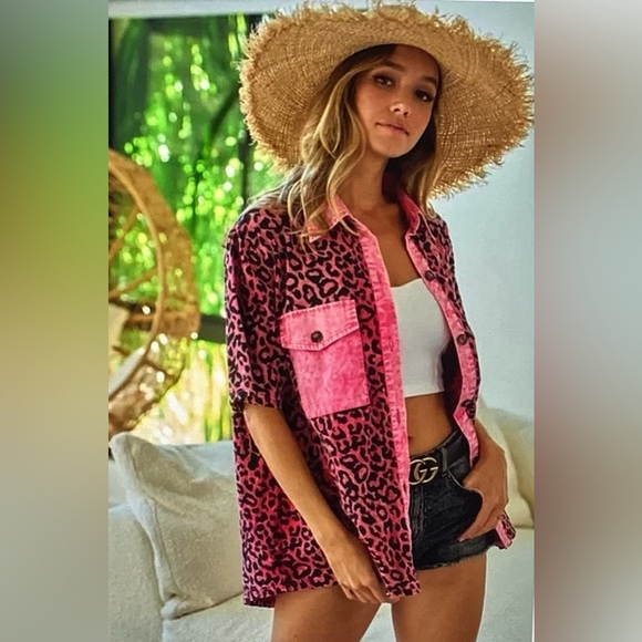 BiBi Pink Leopard Print Button-Up Shirt - Picture 2 of 6